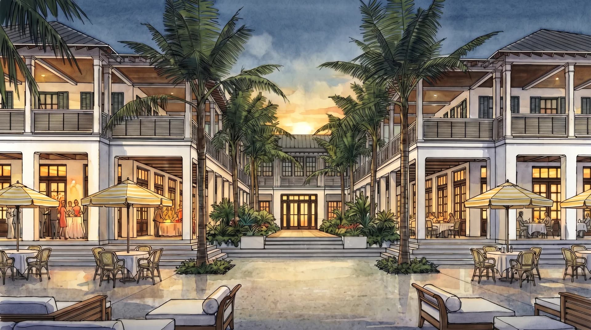 Red Rock Inn courtyard at dusk — artist concept